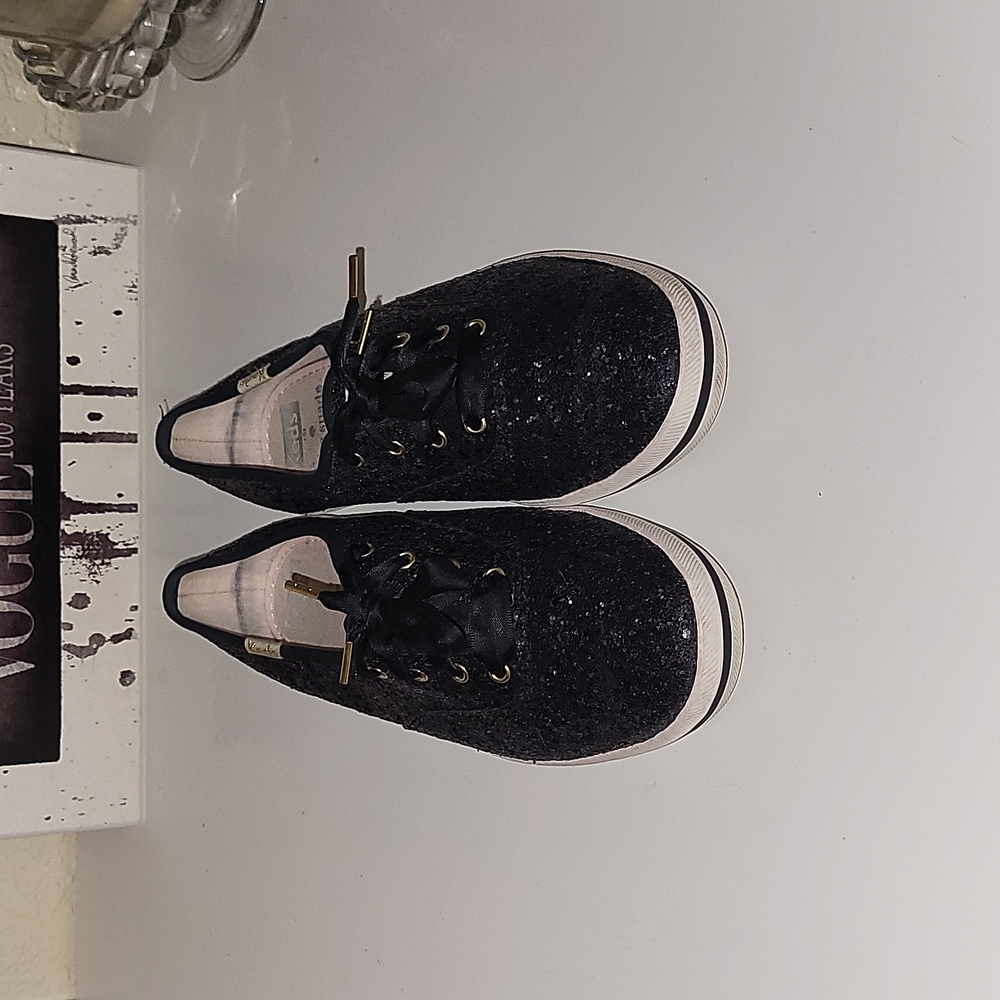Kate SpadeXKeds black glitter sneakers with satin shoe laces only, s…